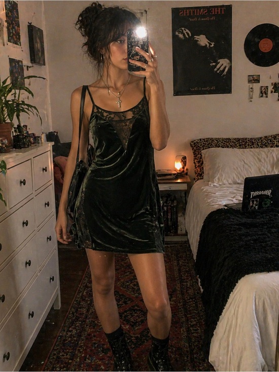 Urban Outfitters Other - Urban Outfitters Black Velvet Lace Cami Dress Slip Mini Spaghetti Strap softfoth